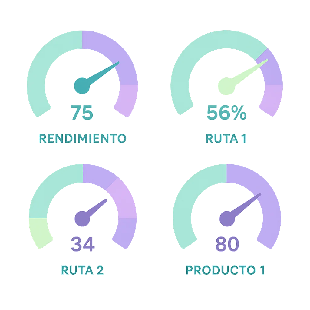 Cuatro indicadores de rendimiento en forma de velocímetro
